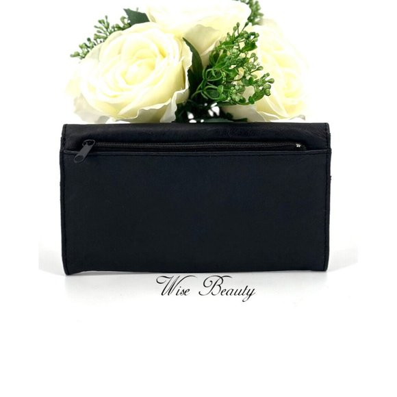 Classic Tri-Fold Wallet Two Tone Black Brown Multi-Compartments Snap Closure - Picture 4 of 7